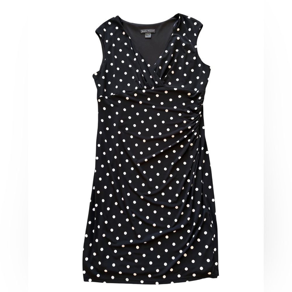 Jessica Howard Ruched Cap Sleeve Black and White Polka Dot Midi Dress Size 16
